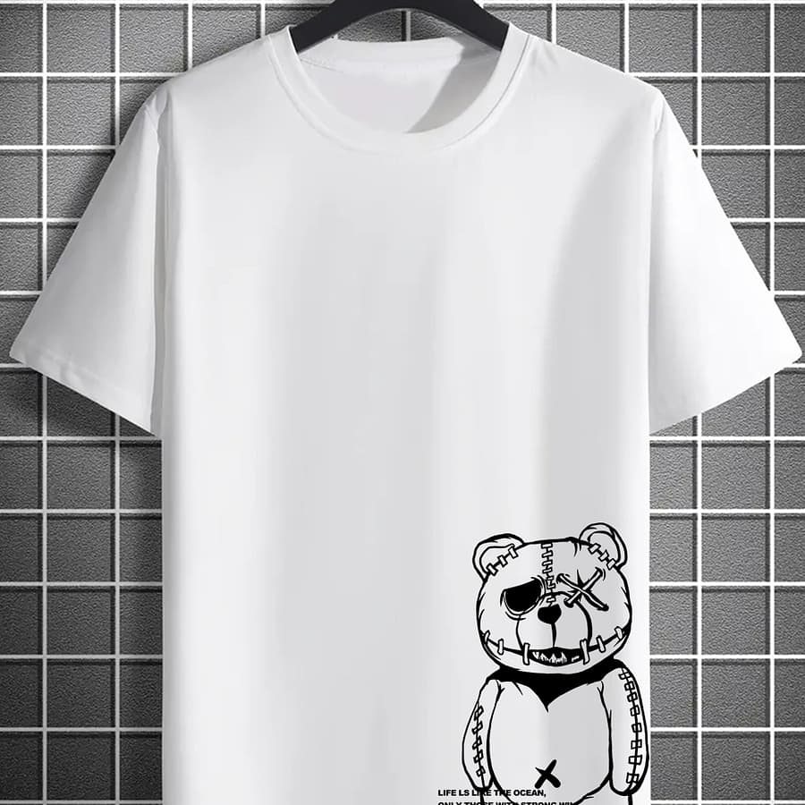 Men’s Casual Bear Graphic Tee – Soft Polyester, Crew Neck, Short Sleeve Summer T-shirt Clothing Shop Online at Dubai Trades 2
