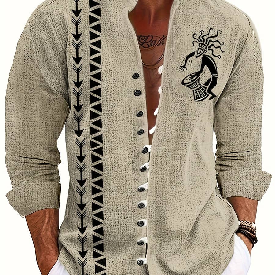 Men’s Casual Beige Collar Shirt With 3d Tribal Totem Print, 100% Polyester Woven Fabric, Regular Fit With Buttons, Non-stretch 120gsm – Ethnic Style Outdoor Top Casual Button-Down Shirts Shop Online at Dubai Trades 2