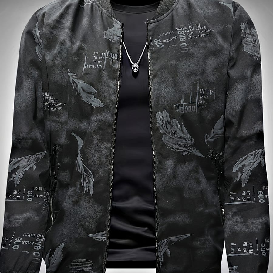 Men’s Casual Feather Pattern Print Full Zip Jacket, Spring/fall Blouson Jacket With Zippered Pocket Clothing Shop Online at Dubai Trades 2