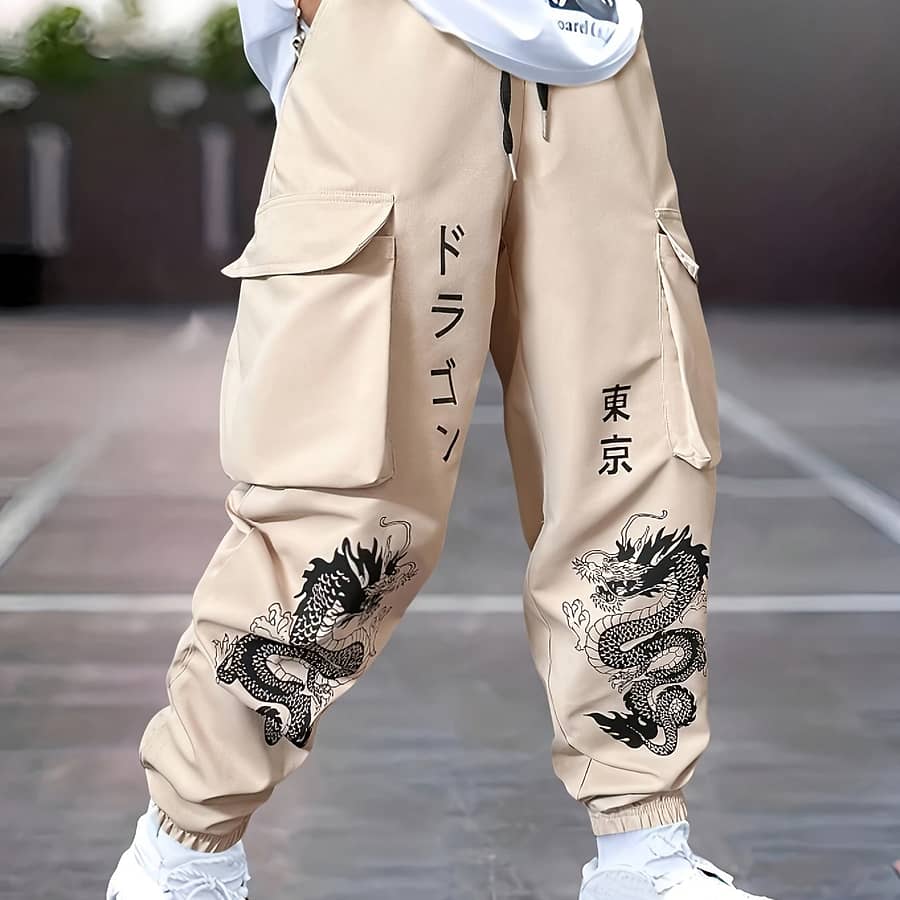 Men’s Casual Green Cargo Pants With Dragon Print, Large Pockets & Elastic Drawstring Waist – Polyester, Ideal For Clothing Shop Online at Dubai Trades 2