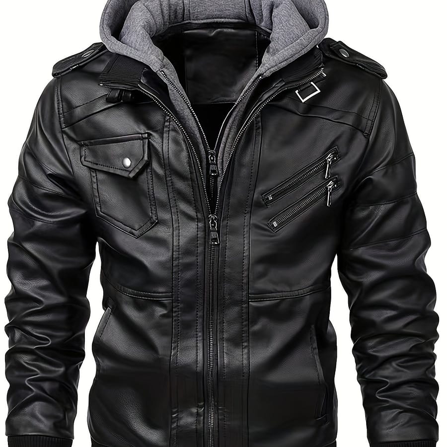 Men’s Casual Hooded Biker Jacket – Chic Black With Gray Hoodie Collar, Long Sleeve Zip-up With Multiple Pockets, Comfortable Polyester Lining, Casual Attire Clothing Shop Online at Dubai Trades 2
