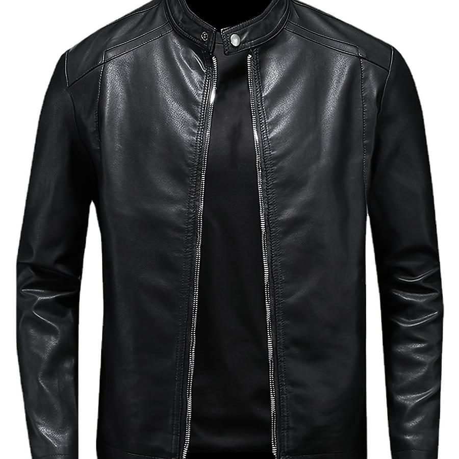 Men’s Casual Leather Jacket, Stand Collar, Zippered Pockets, Classic Motorcycle Style Outerwear Clothing Shop Online at Dubai Trades 2
