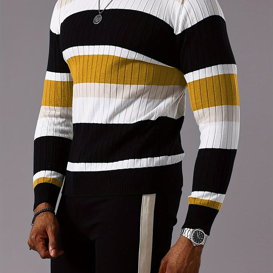 Men’s Casual Striped Color Long Sleeve Knit Pullover – Round Neck, Machine Washable, Striped, Base Layer Clothing Shop Online at Dubai Trades 2