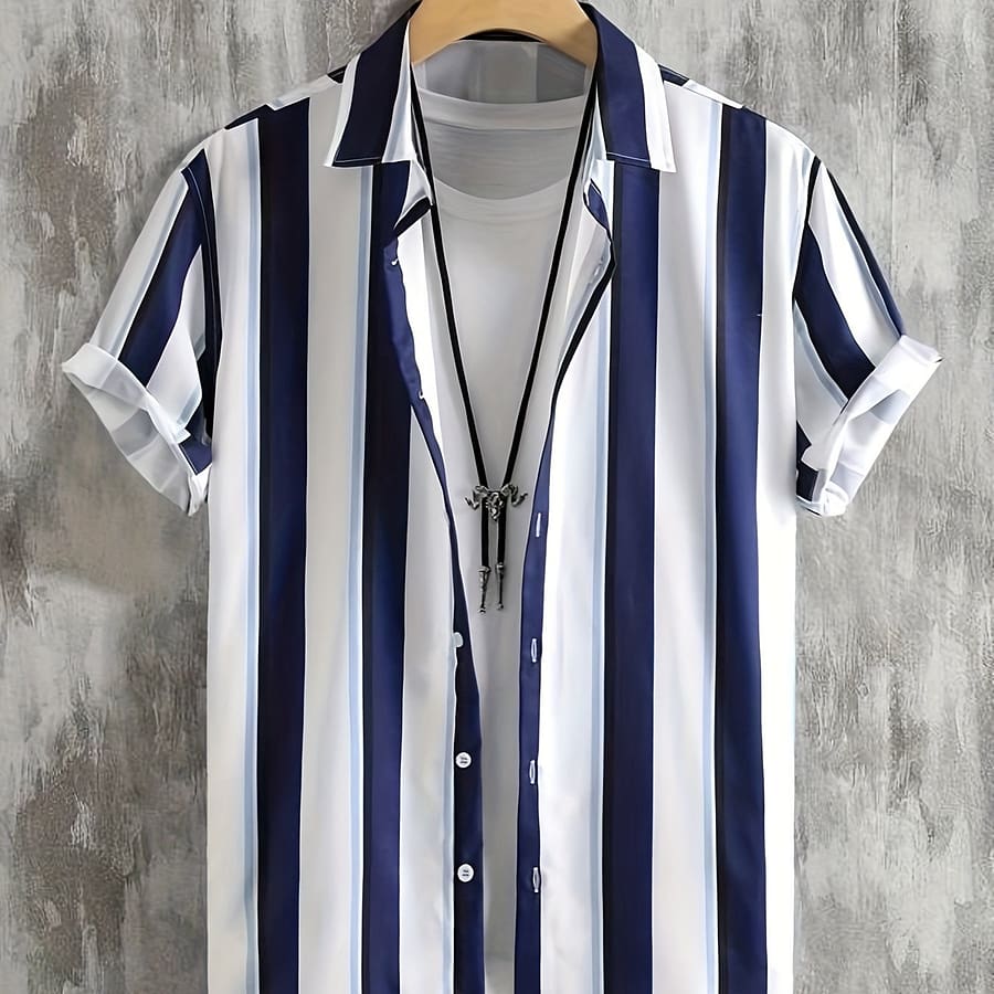 Men’s Casual Striped Print Shirt, 100% Polyester, Summer Woven Fabric, Non-stretch, Regular Fit, Lapel Collar, 120g/m² – Classic Short Sleeve Shirt For Adult Casual Button-Down Shirts Shop Online at Dubai Trades 2