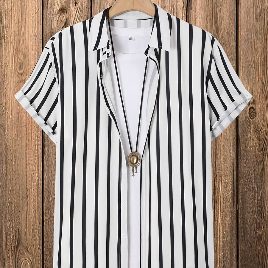 Men’s Casual Striped Shirt, 100% Polyester, Non-stretch Woven Fabric, Regular Fit, Summer Lapel Collar, Solid Color, 120gsm – Available In Multiple Sizes Casual Button-Down Shirts Shop Online at Dubai Trades 2