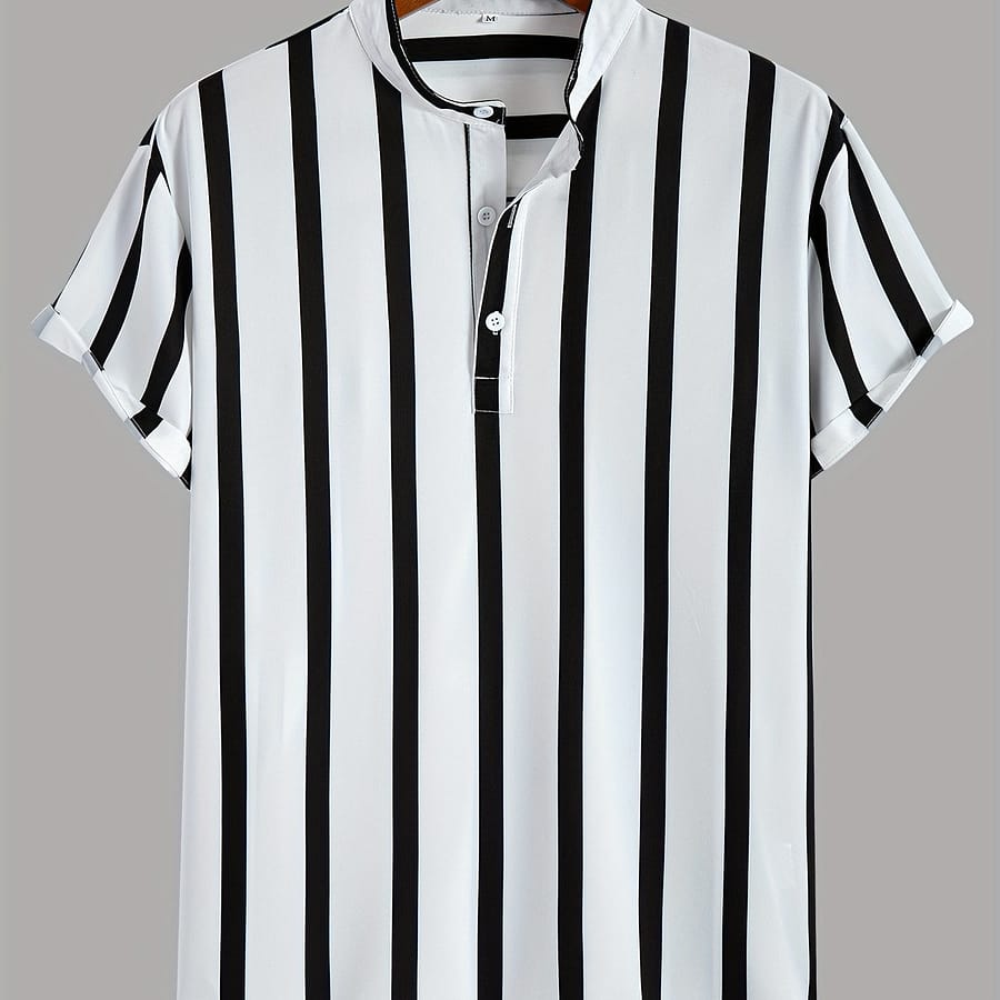 Men’s Casual Striped Short Sleeve Shirt With Stand Collar – Breathable Polyester, Non-stretch Fabric For Summer Button-Down Shirts Shop Online at Dubai Trades 2