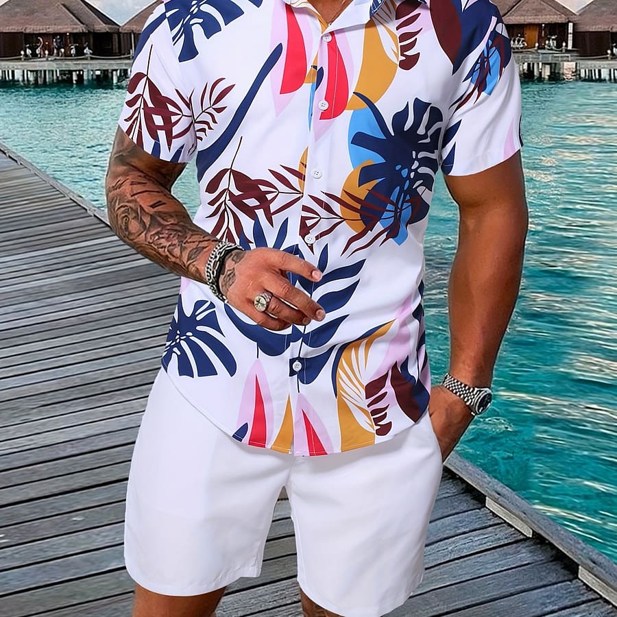 Men’s Casual Summer Set: Leaf Print Short Sleeve Shirt & Solid Color Shorts – Polyester, Machine Washable Active Shop Online at Dubai Trades 2