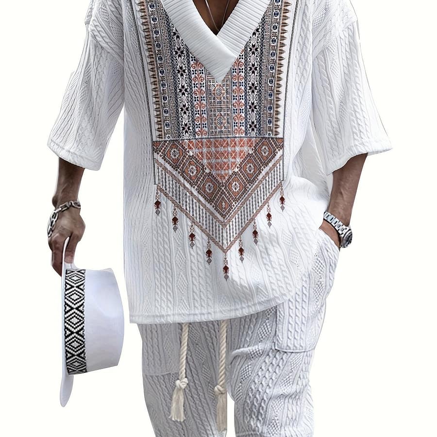 Men’s Casual Summer V-neck T-shirt & Shorts Set – 3d Print, Loose Fit, Short Sleeve, Non-stretch Polyester, Plus Size, Knit Active Shop Online at Dubai Trades 2