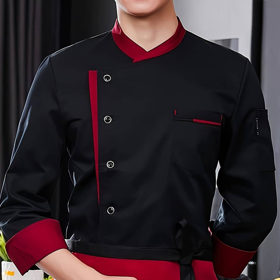 Men’s Chef Coat With Chest Pocket, Formal Color Block Long Sleeve Button Up Stand Collar Coat For Kitchen Baking In Restaurant Chef Jackets Shop Online at Dubai Trades 2