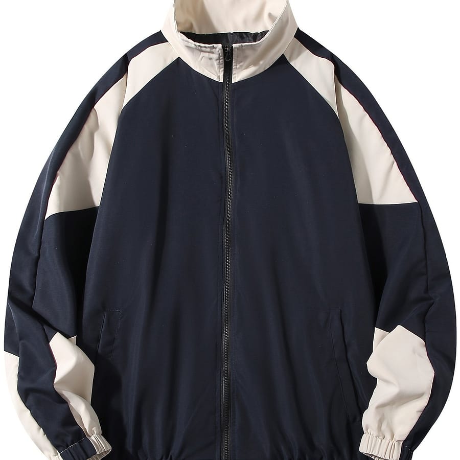 Men’s Color Block Zip-up Jacket – Stylish Preppy Style, Lightweight Polyester, Long Sleeve With Pockets, Ideal For Spring/fall Streetwear & Outdoor Activities Clothing Shop Online at Dubai Trades 2
