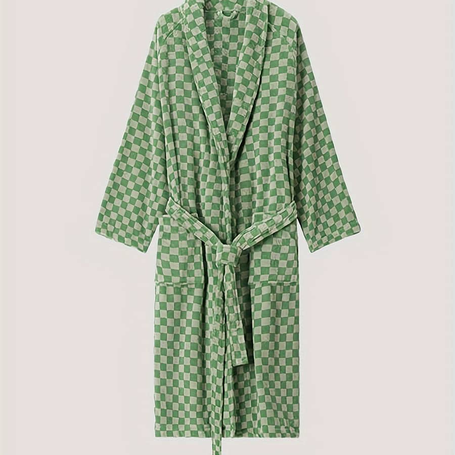 Men’s Comfy Checkerboard Pattern Fleece Robe Home Pajamas, Shawl Collar One-piece Lace Up Kimono Night-robe With Pockets Clothing Shop Online at Dubai Trades 2