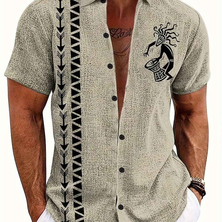 Men’s Ethnic Tribe Style Drummer Pattern Short Sleeve Shirt For Summer, Casual Comfy Shirt As Gift Casual Button-Down Shirts Shop Online at Dubai Trades 2