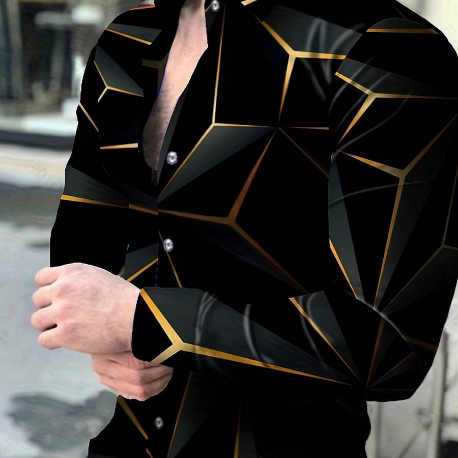 Men’s Fashion Geometric Print Shirt, Casual Long Sleeve Lapel Button Up Shirt For Outdoor Casual Button-Down Shirts Shop Online at Dubai Trades 2