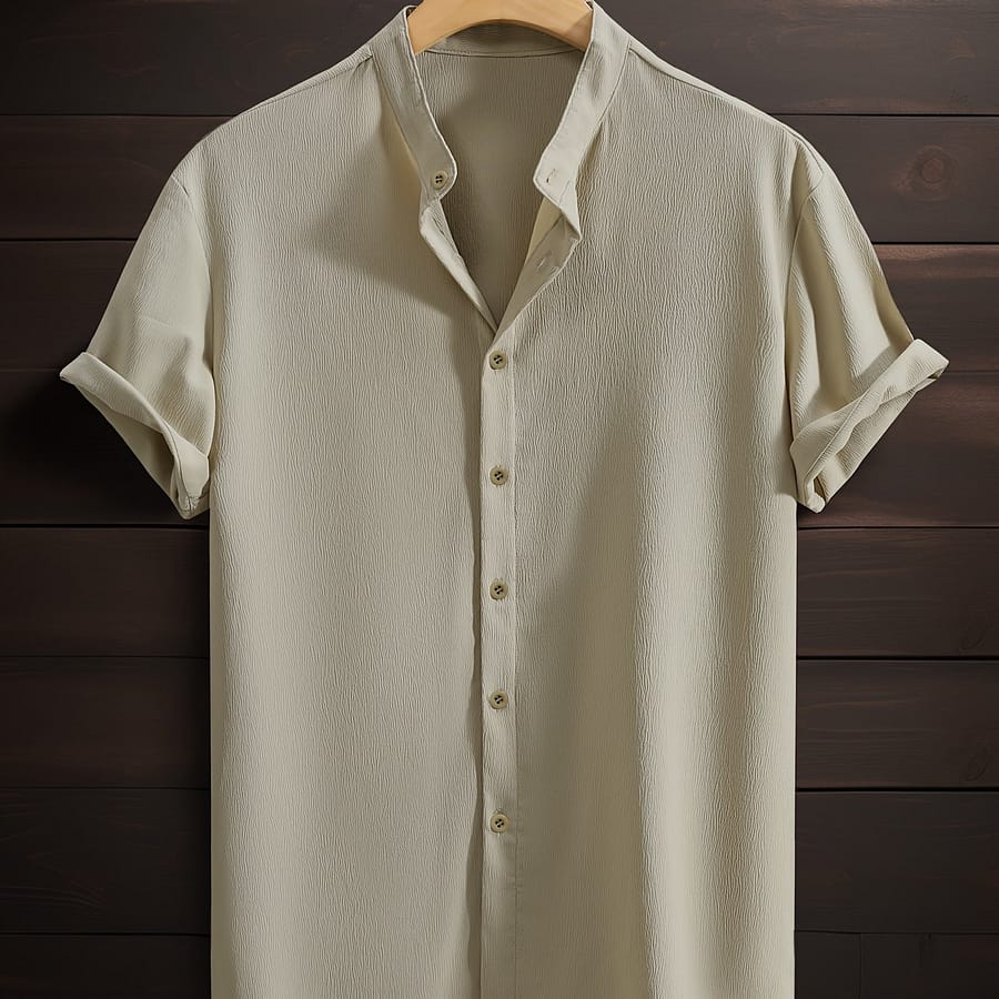 Men’s Green Short-sleeve Button-up Shirt – Casual, Breathable Polyester With Stand Collar, Ideal For & Beach Vacations Casual Button-Down Shirts Shop Online at Dubai Trades 2