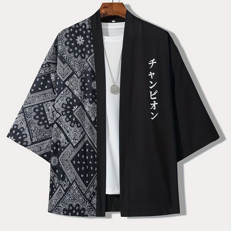 Men’s Lightweight Summer Kimono Cardigan With Black & And , 3/4 Sleeve Casual Polyester Shirt For Adults Casual Button-Down Shirts Shop Online at Dubai Trades 2