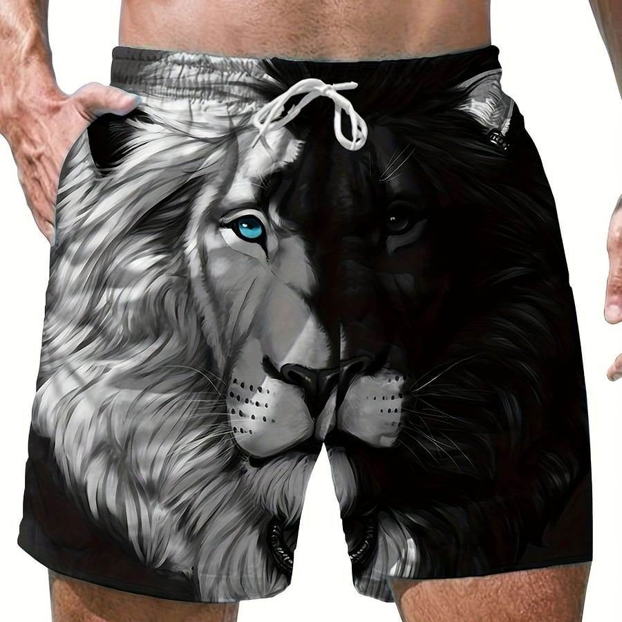 Men’s Lion Print 3d Digital Beach Shorts – Quick-dry, Drawstring Waist, Summer & Vacation Board Shorts Shop Online at Dubai Trades 2