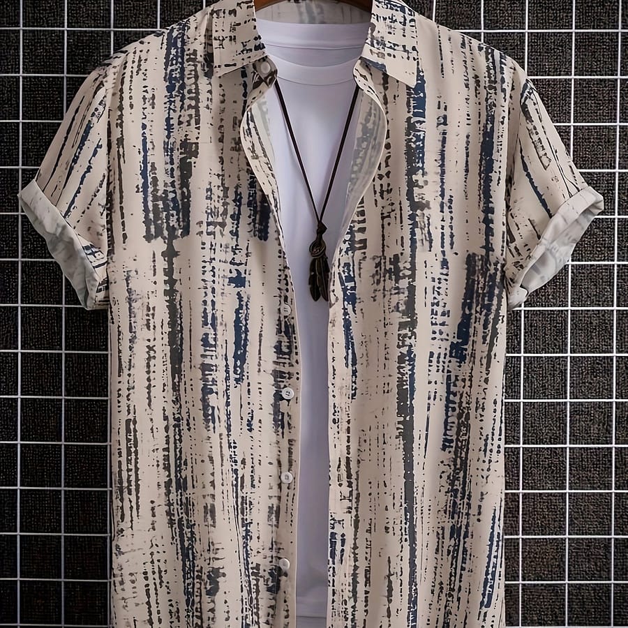 Men’s Loose Geometric Print Shirt, Casual Lapel Button Up Short Sleeve Shirt For Outdoor Activities Clothing, Shoes & Jewelry Shop Online at Dubai Trades 2