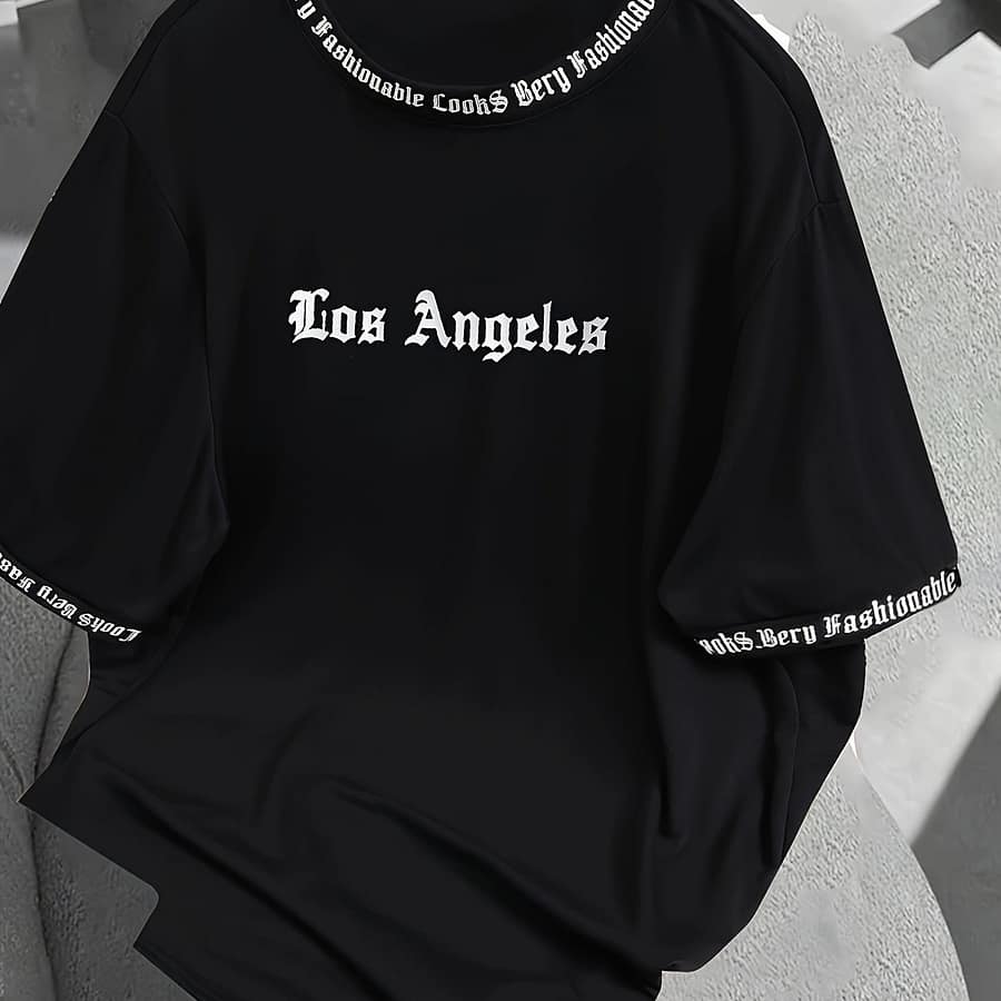 Men’s Los Angeles Letter Neck And Short Sleeve T-shirt, Trendy Tops For Summer Daily And Street Wear Clothing Shop Online at Dubai Trades 2