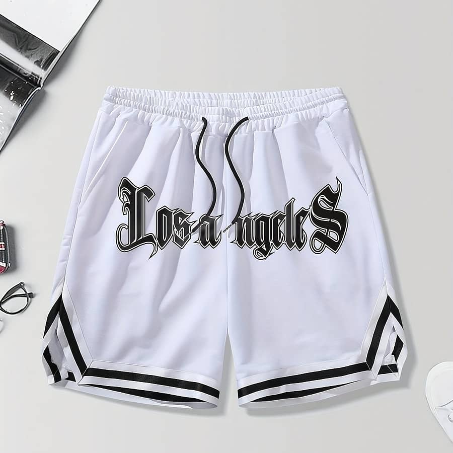 Men’s Los Angeles Print Basketball Shorts, Casual Loose Fit Polyester 100% Woven Fabric, Non-stretch Sports Shorts With Drawstring For Workout & Outdoor, Alphabet Pattern Clothing Shop Online at Dubai Trades 2