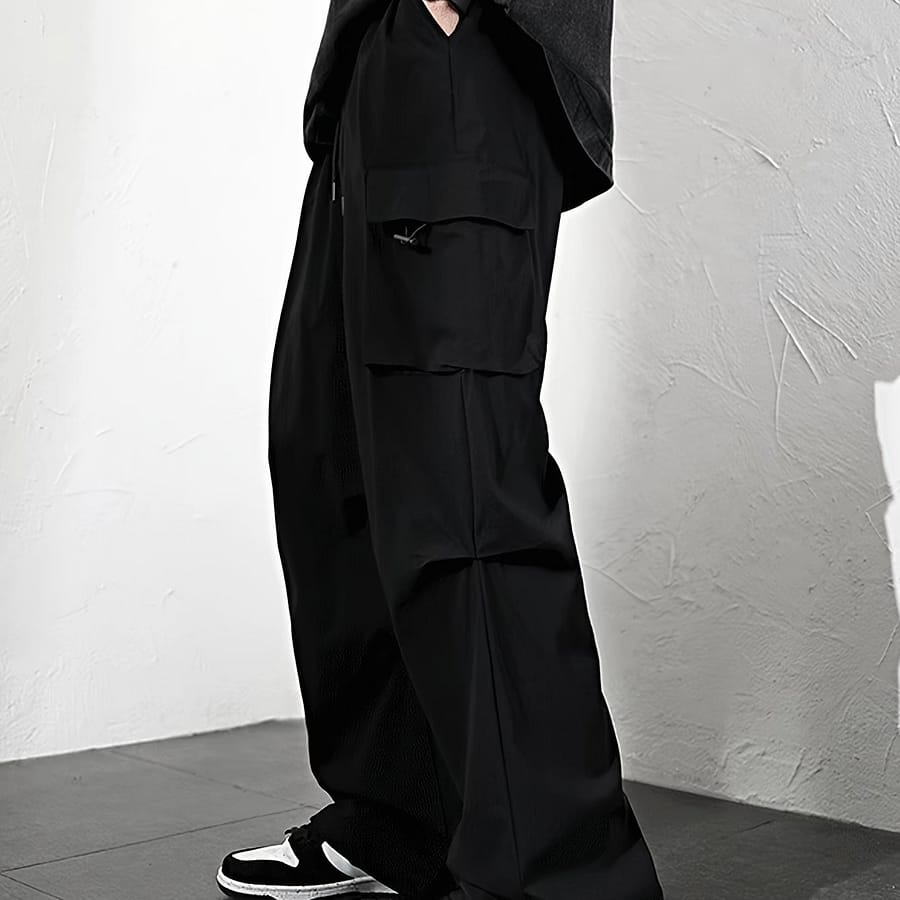 Men’s Multi-pocket Cargo Pants – Polyester, , Non-stretch, Solid Black With & Drawstring Waist – Clothing Shop Online at Dubai Trades 2
