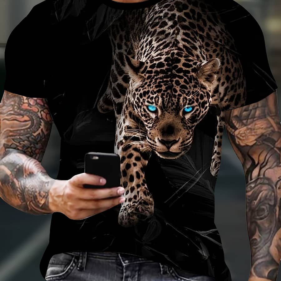 Men’s Novelty Leopard Graphic Tee – Comfortable Polyester, Casual Round Neck Short Sleeve T-shirt With Realistic Animal Print For Summer Wear Active Shop Online at Dubai Trades 2