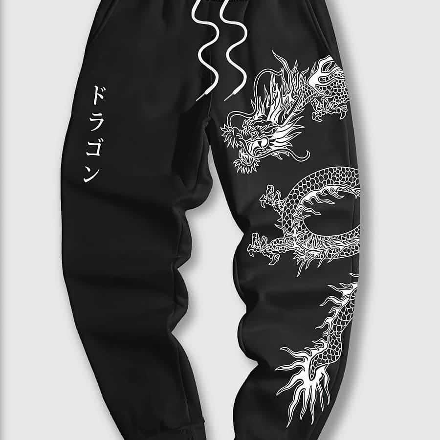 Men’s Oriental Characters & Dragon Pattern Jogger Pants With Drawstrings, Casual Sports Trousers As Gift Active Shop Online at Dubai Trades 2