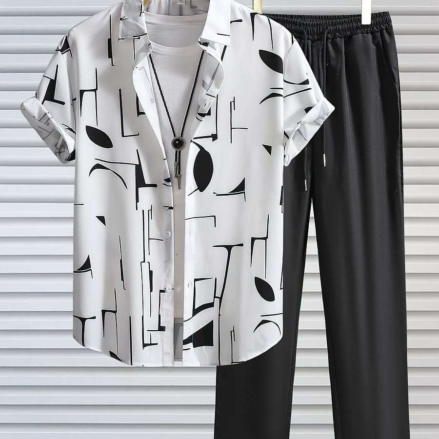Men’s Outfit, Casual Geometric Lapel Short Sleeve Button Up Shirt & Drawstring Pants 2-piece Set For Outdoor Activities Active Shop Online at Dubai Trades 2