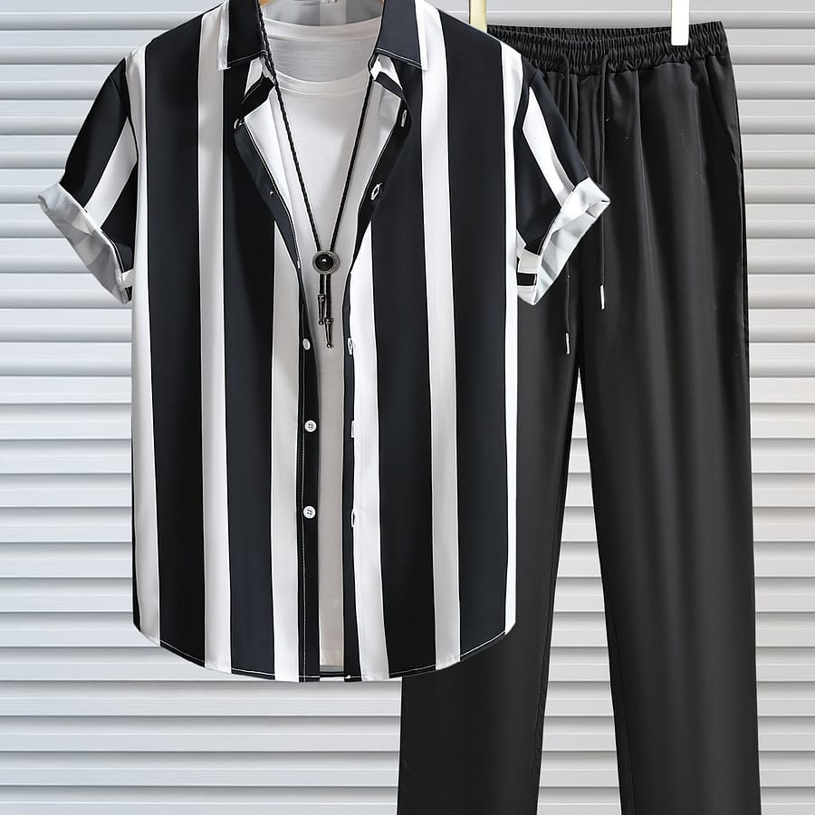 Men’s Outfit, Casual Striped Lapel Short Sleeve Button Up Shirt & Drawstring Pants 2-piece Set For Outdoor Activities Active Shop Online at Dubai Trades 2