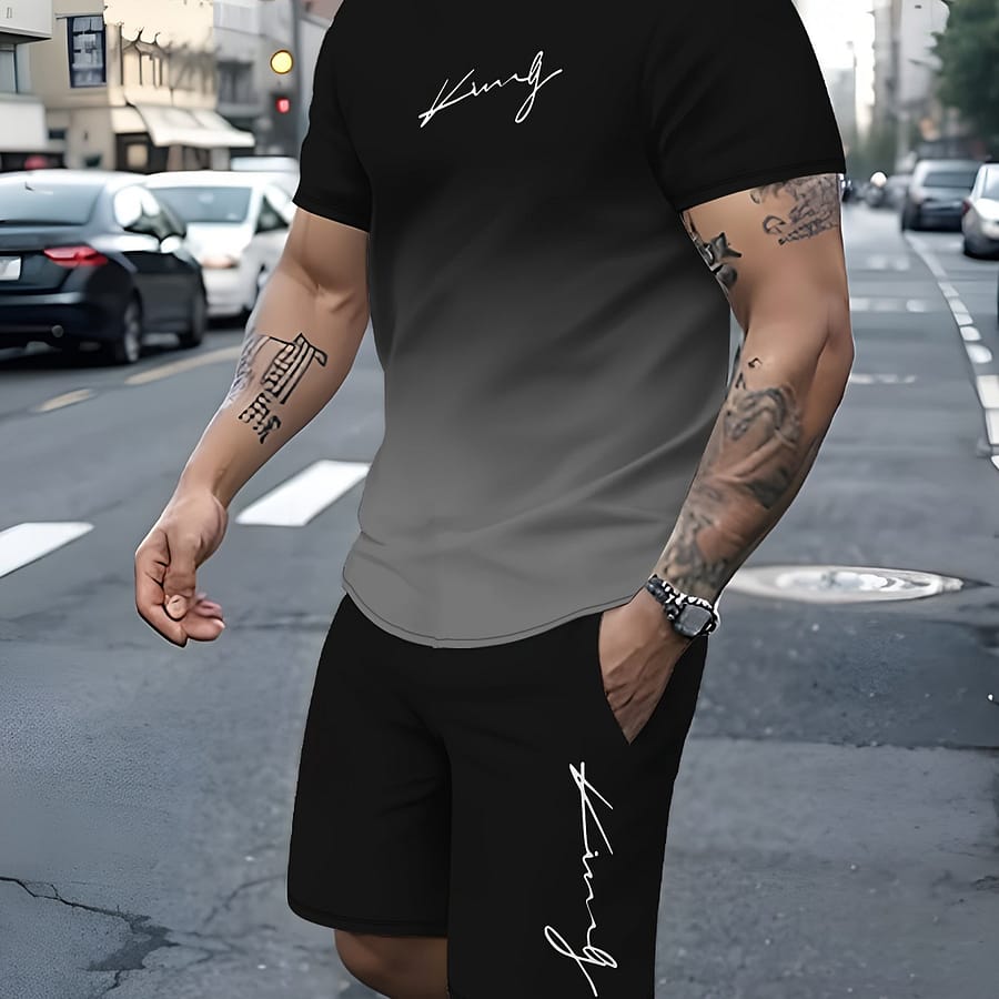 Men’s Outfit, Gradient Color King Graphic Print Casual Crew Neck Short Sleeve T-shirt & Drawstring Shorts 2-piece Set For Summer Outdoor Activities Active Shop Online at Dubai Trades 2