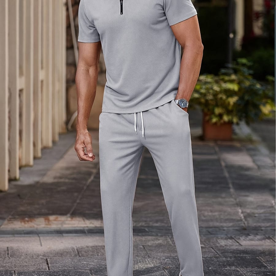 Men’s Outfit, Solid Casual Lapel Half Zipper Short Sleeve Shirt & Drawstring Pants 2-piece Set For Outdoor Activities Active Shop Online at Dubai Trades 2