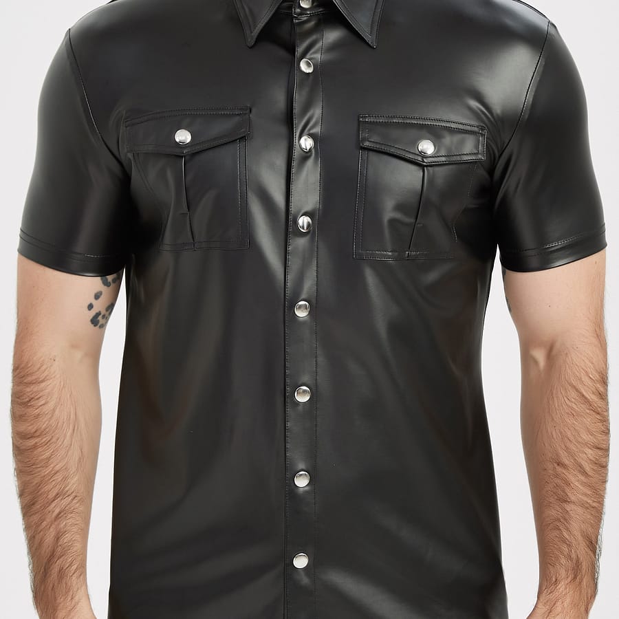 Men’s Pu Leather Shirt Short Sleeve Street Style Button-up Collar Motorcycle Top Clubwear Casual Button-Down Shirts Shop Online at Dubai Trades 2