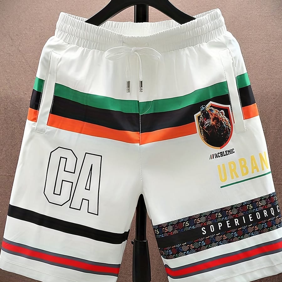 Men’s Quick-dry Summer Shorts With Brown Bear Print – Casual Polyester Drawstring Waist, With Colorful Stripes & Urban Street Clothing Shop Online at Dubai Trades 2