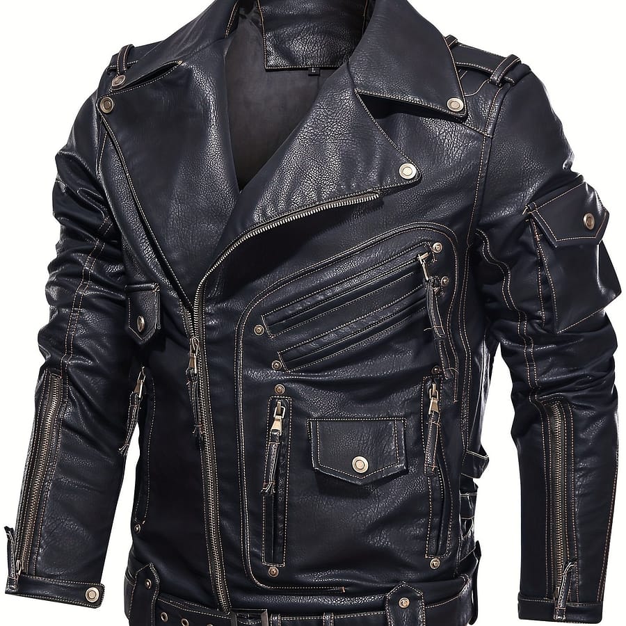 Men’s Retro Biker Jacket With Zipper Pockets – Stylish Black Coat For Spring & Fall, Loose Fit, Multiple Zippers & Studded Details, Polyester Lining Clothing Shop Online at Dubai Trades 2