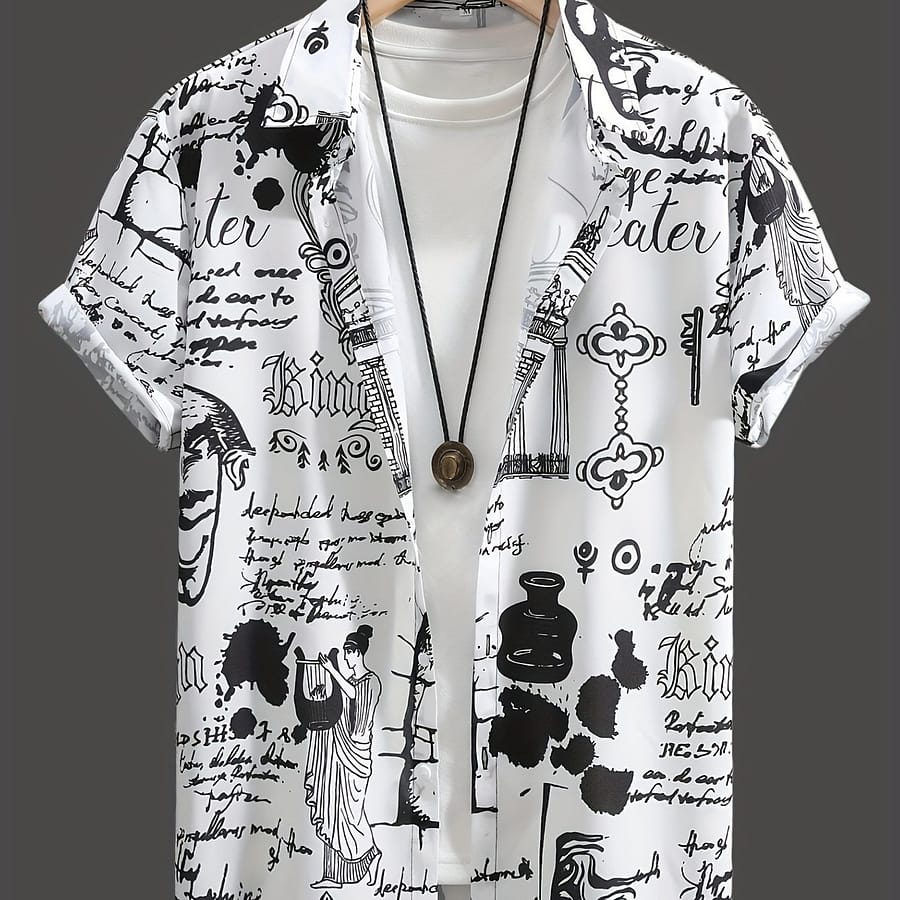Men’s Retro Letters And Pattern Print Short Sleeve Lapel Shirt Top, Male Casual Button Up Shirt For Daily And Vacation Resorts Beach Button-Down Shirts Shop Online at Dubai Trades 2