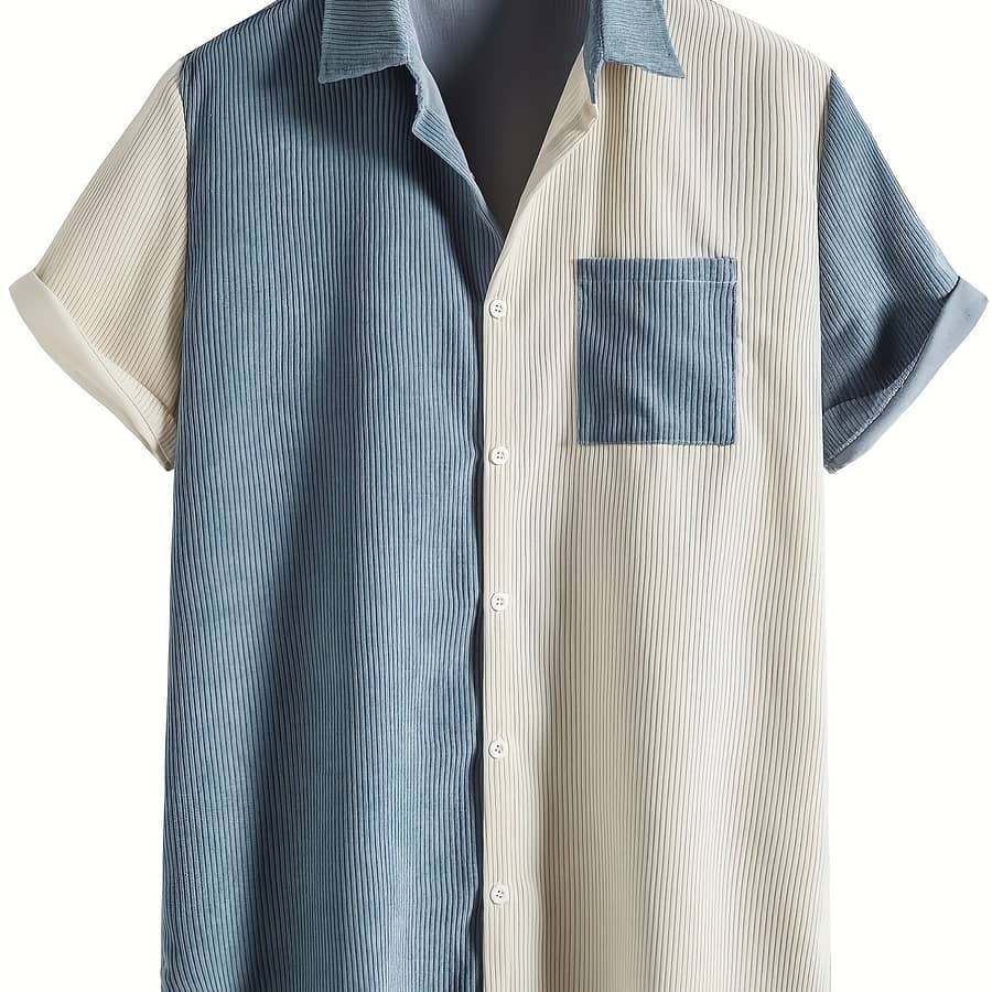 Men’s Stripe And Color Block Short Sleeve Lapel Shirt With Chest Pocket, Summer Outdoor Casual Button-Down Shirts Shop Online at Dubai Trades 2