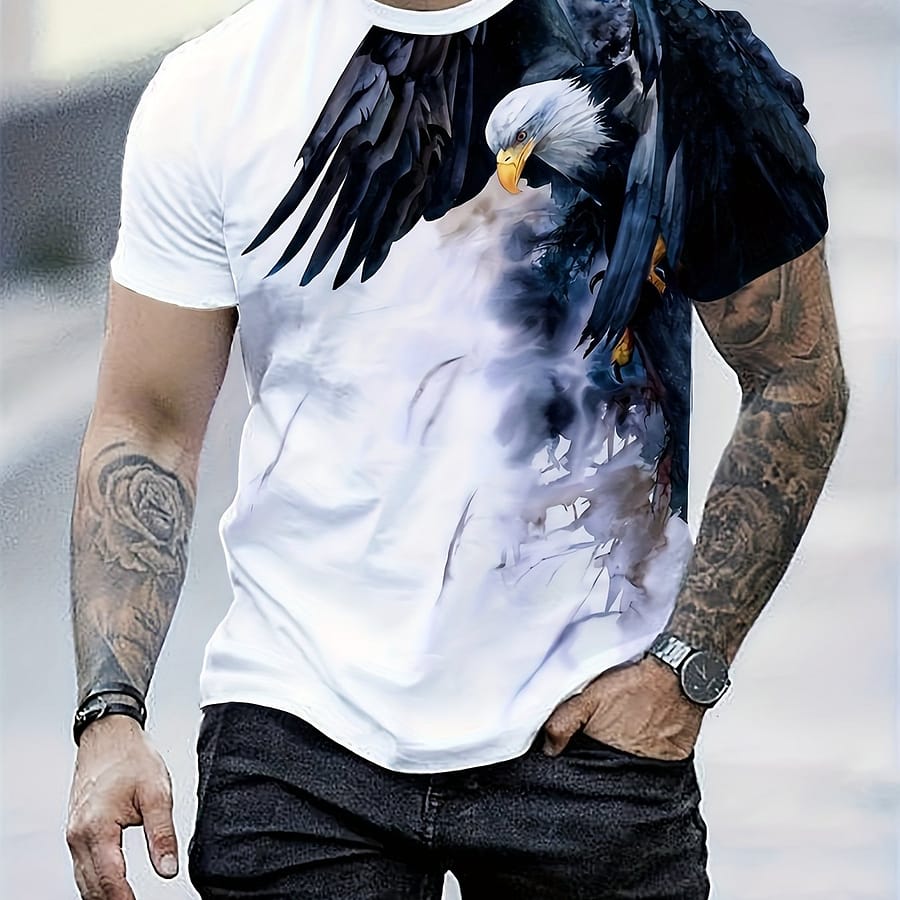 Men’s Summer Casual 3d Eagle Print T-shirt – Lightweight Polyester, Crew Neck, Short Sleeve, Machine Washable, Outdoor Graphic Tee With Clothing Shop Online at Dubai Trades 2