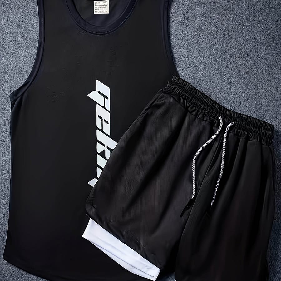 Men’s Summer Fashion 2-pack Co Ord Set Of Sportswear, Letter Print Tank Top & 2 In 1 Drawstring Shorts, Chic And Stylish Running And Training Wear Clothing Shop Online at Dubai Trades 2
