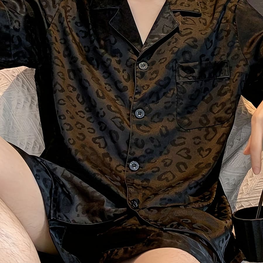 Men’s Summer Floral Pajama Set, Casual Short Sleeve Polyester Sleepwear With Lapel Collar, Button Detail, Regular Fit, Woven Fabric, 97% Polyester 3% Elastane – Black Clothing Shop Online at Dubai Trades 2