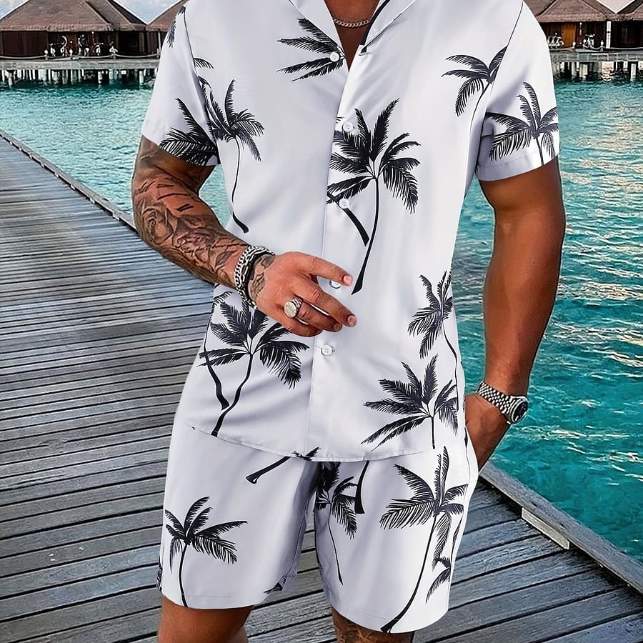 Men’s Summer Tree Print Pajama Set, Polyester 100% Short Sleeve Shirt & Drawstring Waist Shorts, Lapel Collar, Non-stretch Woven Fabric, Regular Fit – 120gsm Clothing Shop Online at Dubai Trades 2