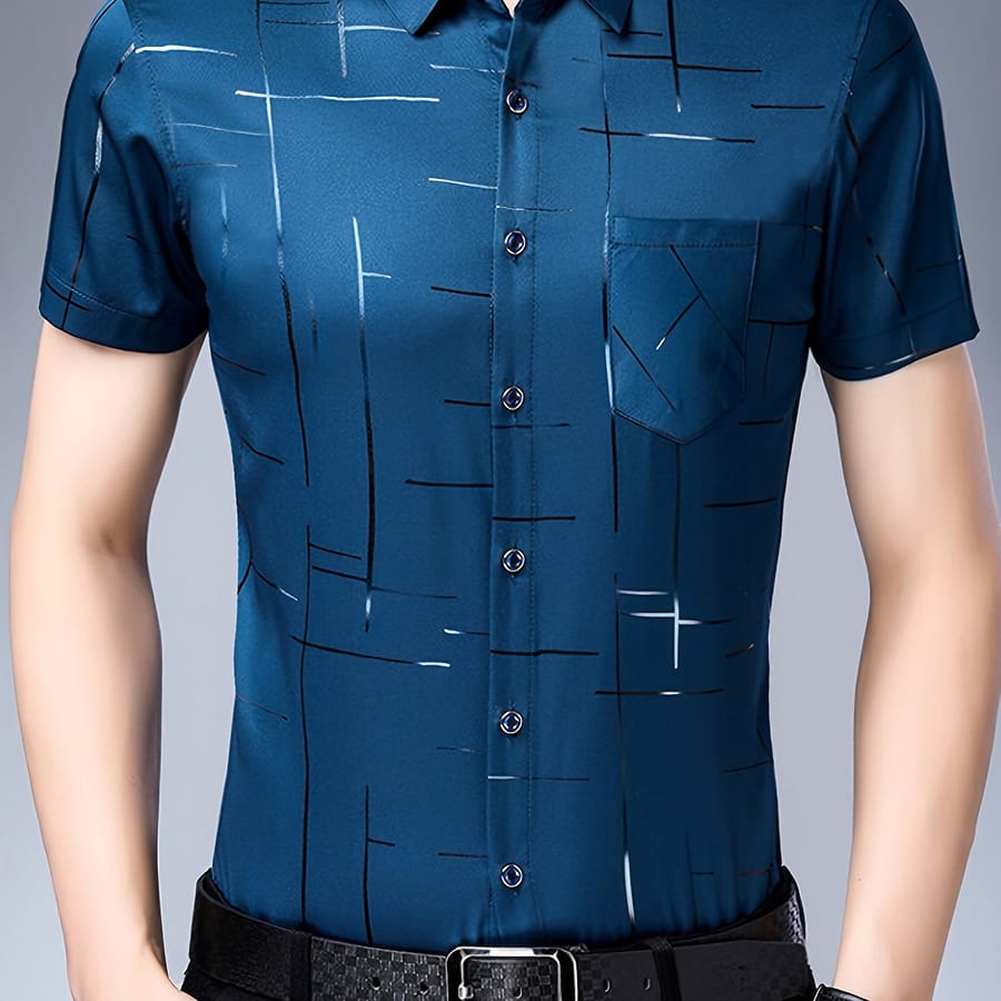 Men’s Trendy Striped Pattern Print Short Sleeve Lapel Shirt Top, Male Casual Button Up Shirt For Summer Casual Casual Button-Down Shirts Shop Online at Dubai Trades 2