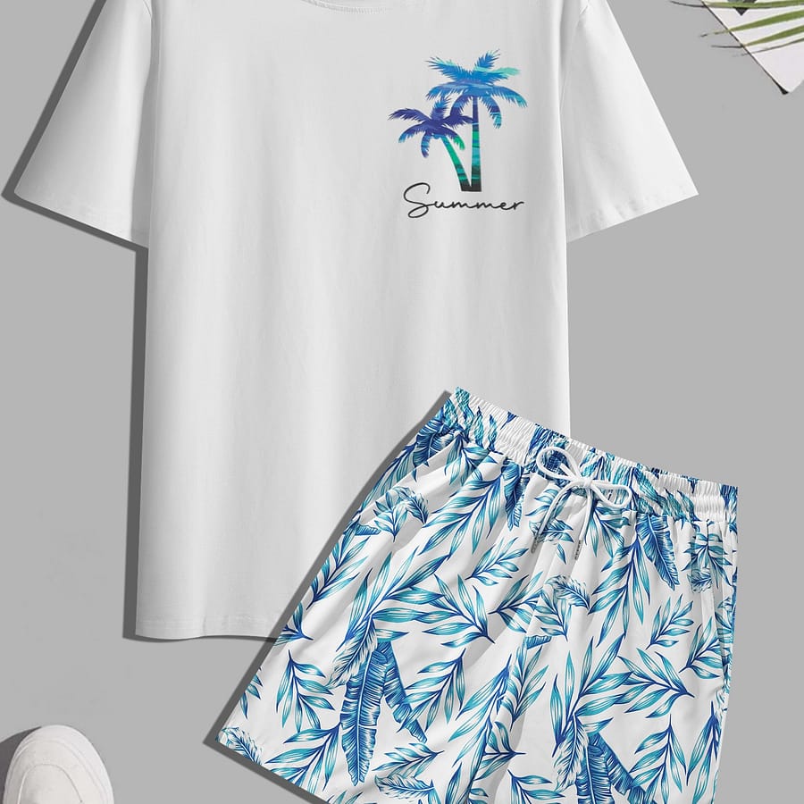 Men’s Tropical Coconut Tree Print 2pcs Set: Casual Short Sleeve Tee & Drawstring Beach Shorts – Summer, Poolside & Outdoor Activities Active Shop Online at Dubai Trades 2