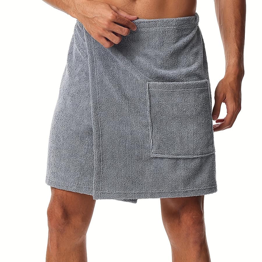 Men’s Ultra-absorbent Bath Skirt – Casual Gray Knit Fabric, Short Home Robe With Pockets, Machine Washable, Home Loungewear|pocketed Robe|soft Fabric Robe Clothing Shop Online at Dubai Trades 2
