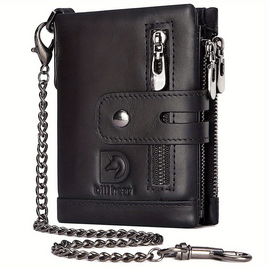 Men’s Wallet With Chain Genuine Leather Short Wallet Rfid Blocking Card Holder Double Zipper Coin Pocket Anti-theft Wallet, Ideal Gift For Men Accessories Shop Online at Dubai Trades 2