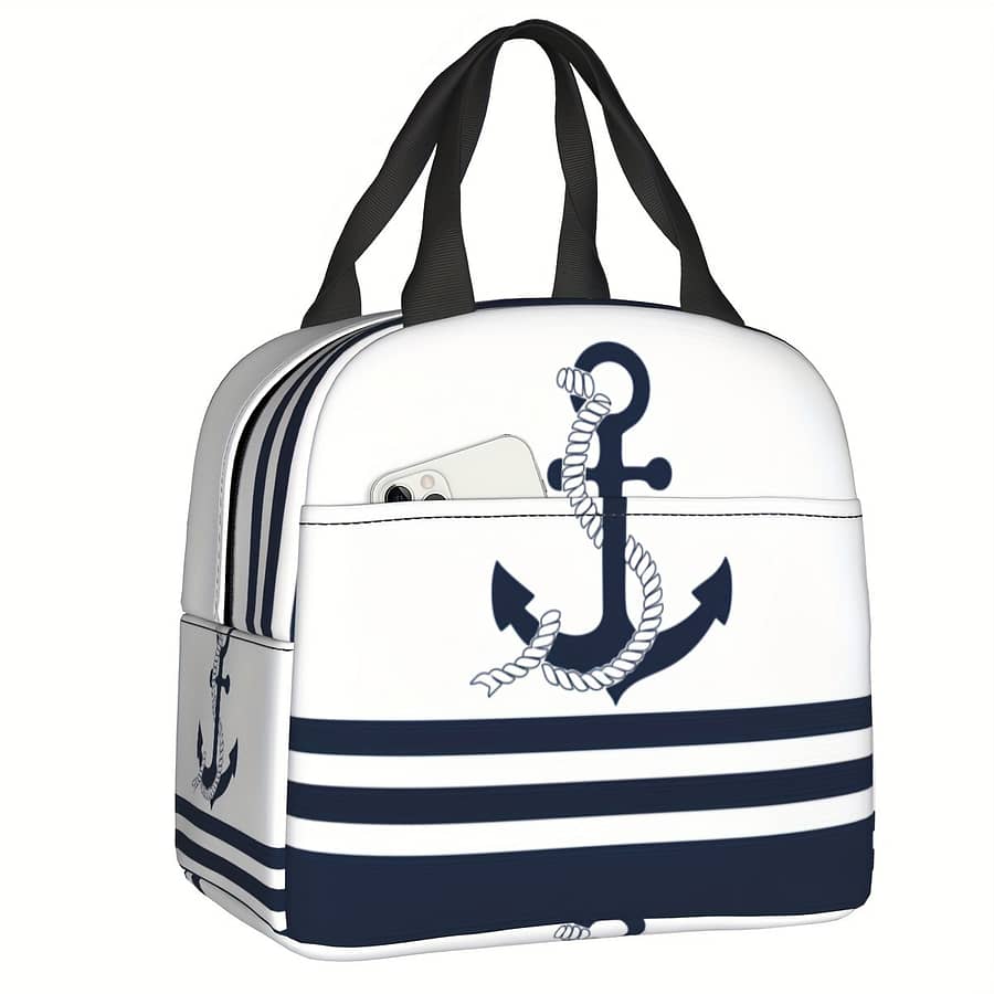 Nautical Blue Anchor Insulated Lunch Bag – Durable Oxford Cooler Tote With Stripes – Large Capacity, Reusable For Office, School, And Outdoor Picnics, Lunch Bag Insulated Home & Kitchen Shop Online at Dubai Trades 2