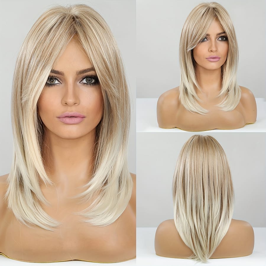 Ombre Blonde Wigs For Women Shoulder Length Layered Straight Synthetic Hair Wig With Curtain Bangs Daily Party Use Wig Beauty & Personal Care Shop Online at Dubai Trades 2
