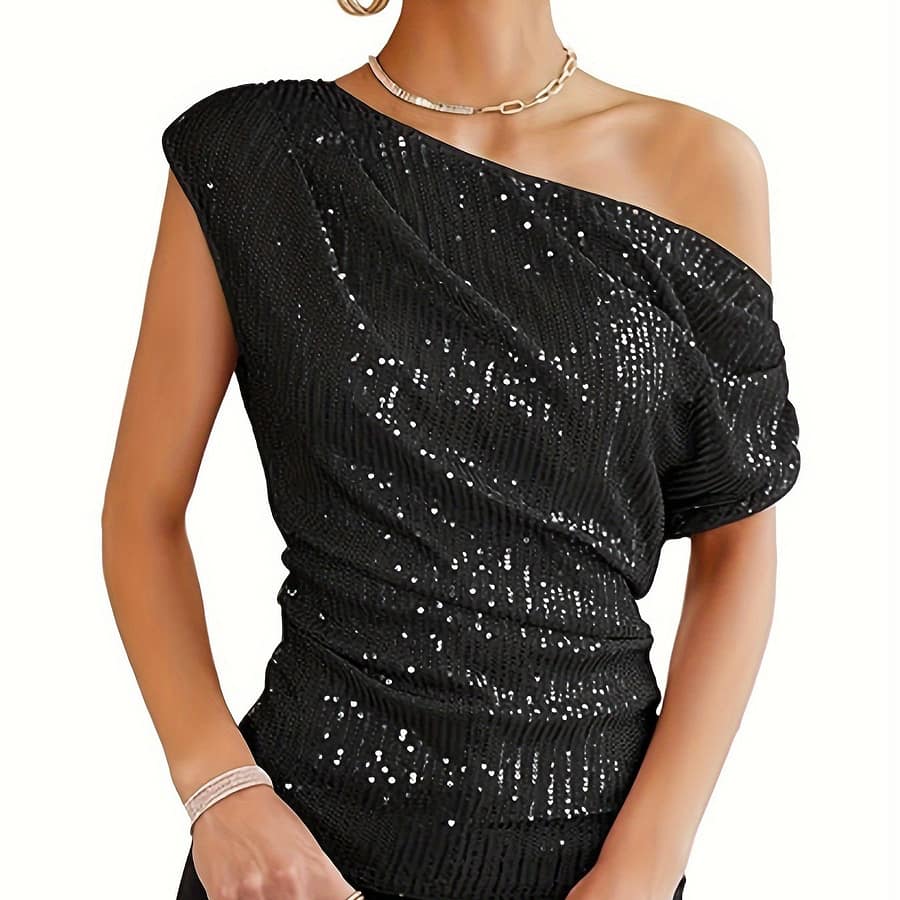 One-shoulder Sequin Knit Top With Asymmetrical Neckline And Ruched Bust Clothing Shop Online at Dubai Trades 2