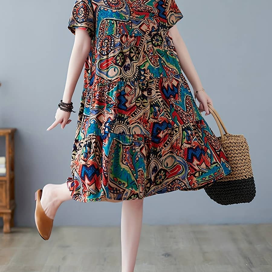 Paisley Print Crew Neck Dress, Casual Short Sleeve Loose Fit Dress For , Women’s Clothing Clothing Shop Online at Dubai Trades 2