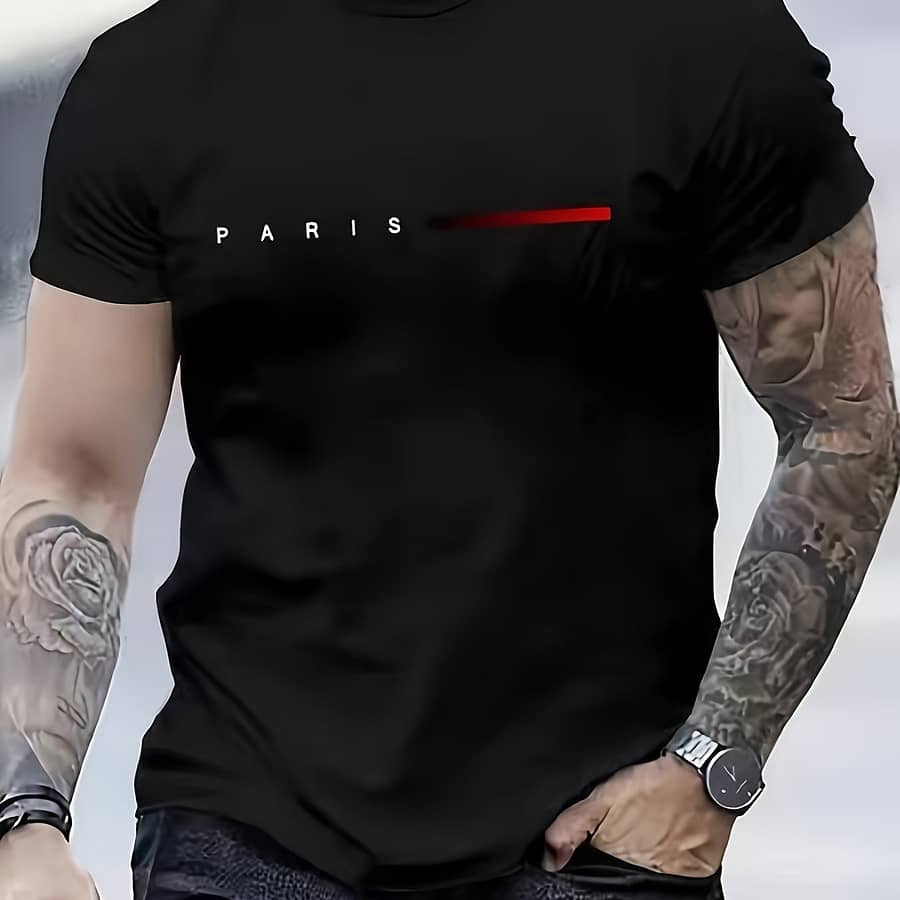Paris Letters Print Men’s Fashion Comfy Breathable Novelty T-shirt New Casual Neck Short Sleeve Tee For Spring Summer Holiday Leisure Vacation Men’s Clothing As Gift Active Shirts & Tees Shop Online at Dubai Trades 2
