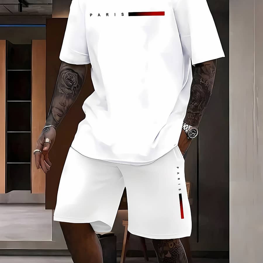Paris With Gradient Colored Bar Print Men’s 2pcs Breathable Lightweight Short Sleeved T-shirt & Shorts Set, Regular Fit Outdoor Clothing For Summer Active Shop Online at Dubai Trades 2