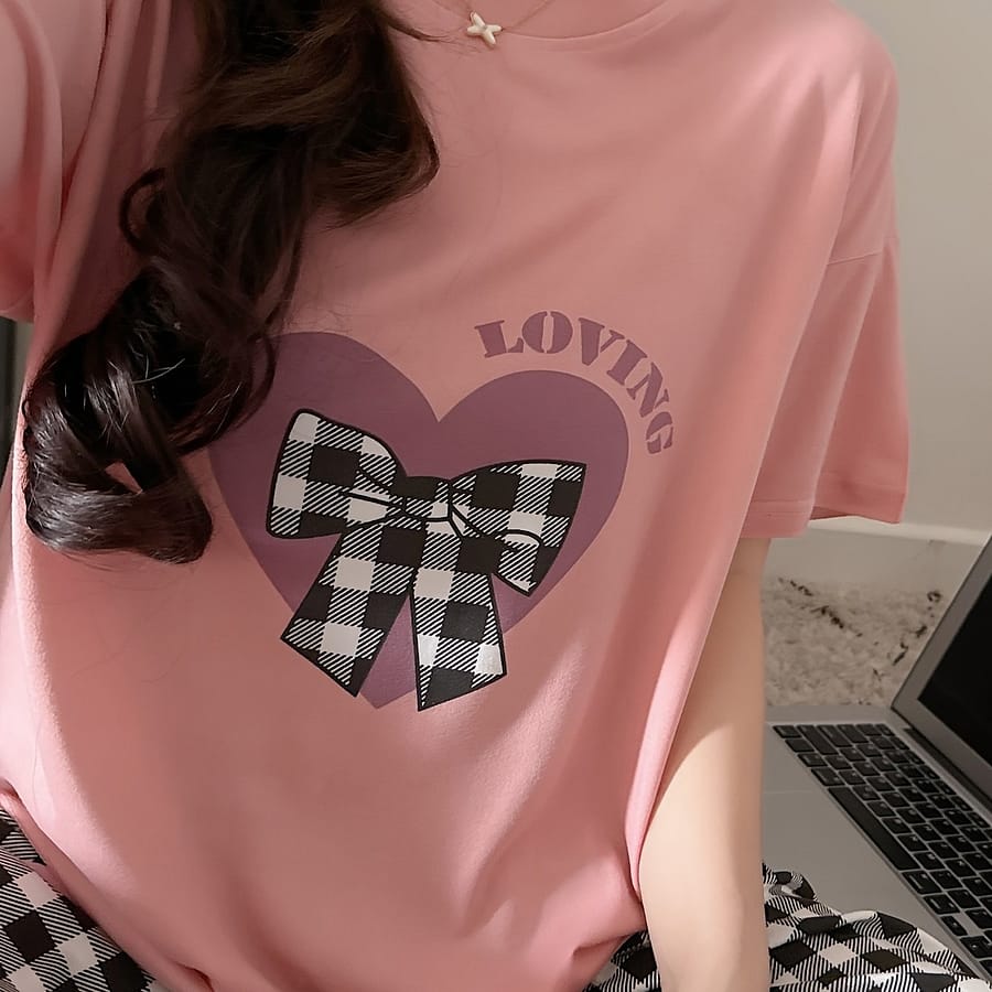 & Plaid Bow & Letter Loose Fit Pajama Set, Short Sleeve Round Neck Top & Shorts, Comfortable Relaxed Fit Clothing Shop Online at Dubai Trades 2